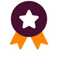A dark purple award ribbon with a white star in the center and two orange tails hanging below.

Description generated by AI