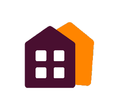 Two stylized house icons overlap with one in dark purple featuring four white square windows in front and an orange one behind.

Description generated by AI