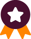 A dark purple award ribbon with a white star in the center and two orange tails hanging below.

Description generated by AI