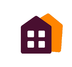 Two stylized house icons overlap with one in dark purple featuring four white square windows in front and an orange one behind.

Description generated by AI
