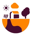 A stylized illustration of a house with a solar panel, a tree, a sun, and a cloud above a curved landscape in orange and dark purple colors.

Description generated by AI